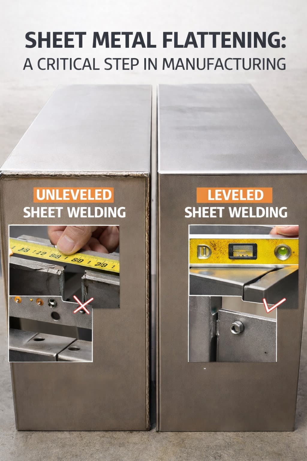 Comparison of welded sheet metal part before flattening and after sheet metal flattening with proper alignment
