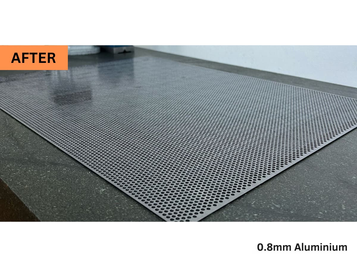 Flat 0.8 mm perforated aluminium sheet after leveling